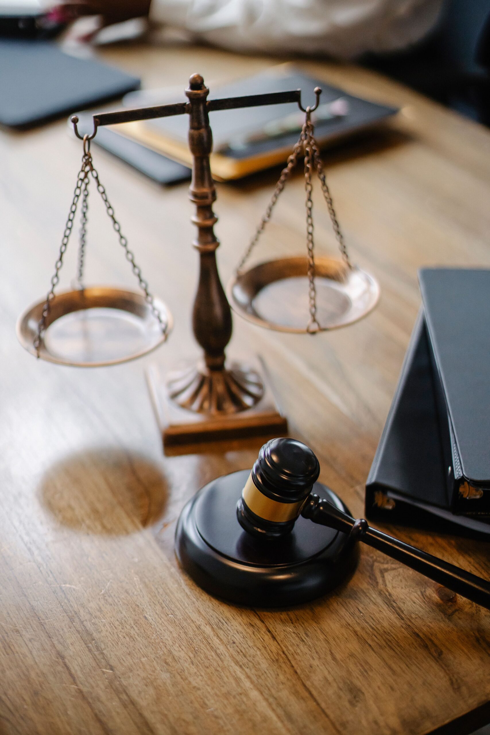 Judge's desk with gavel and scales of justice